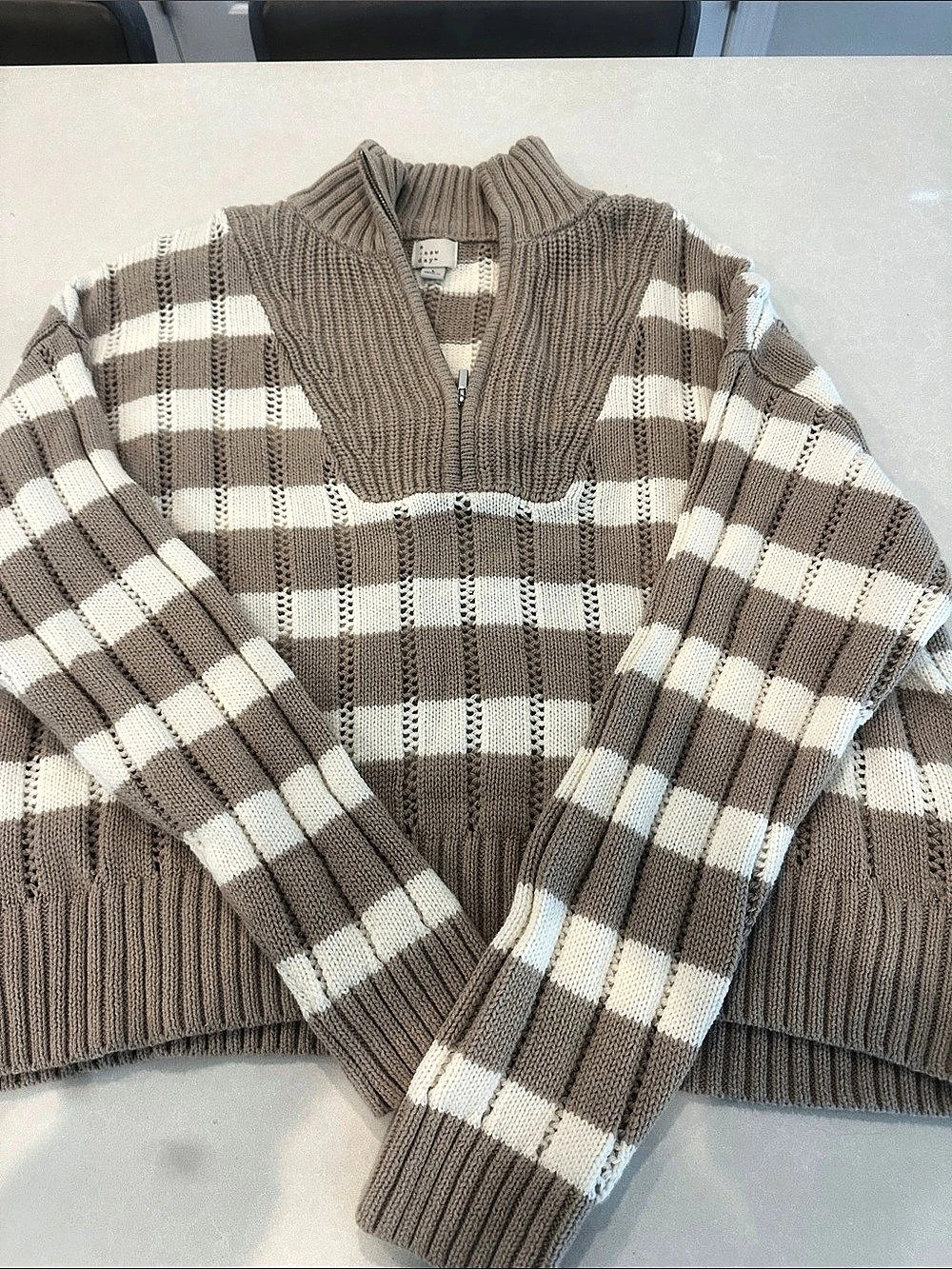 A New Day Plaid Quarter-Zip Sweater in Brown & Cream Like New